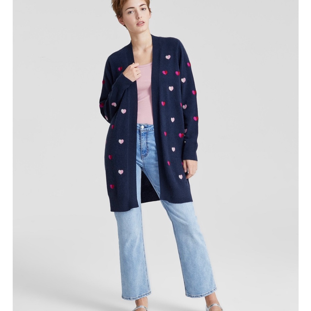 100%Cashmere Women's Petite Heart-Embroidered Long Open Cardigansize PXS